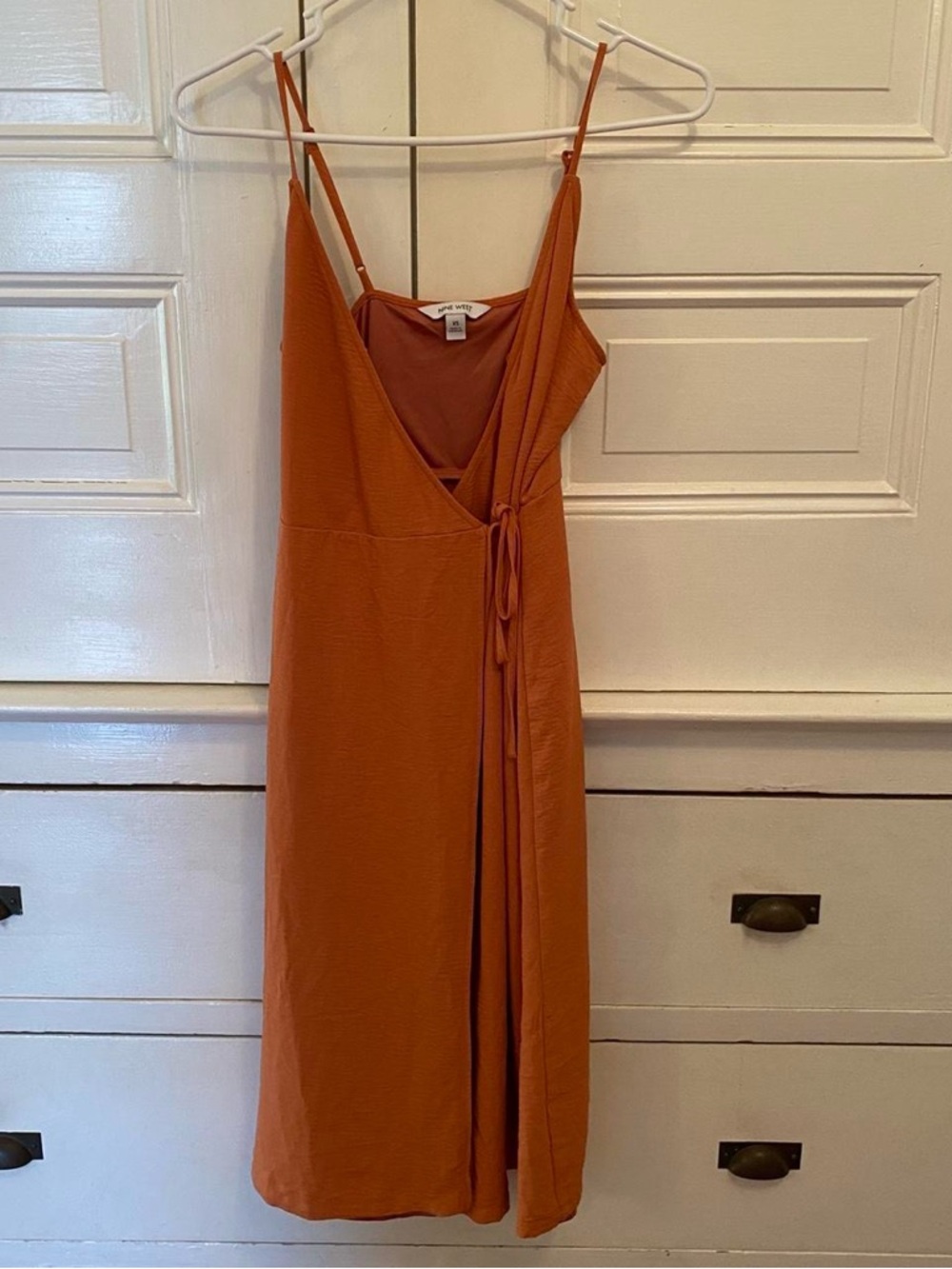 Nine West Rust Orange Wrap Midi Dress with Spaghetti Straps